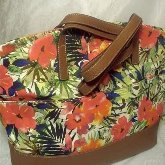CROFT & BARROW DOMED BROWN & TROPICAL ORANGE PINK FLORAL
TOTE HANDBAG PURSE - Picture 3 of 7